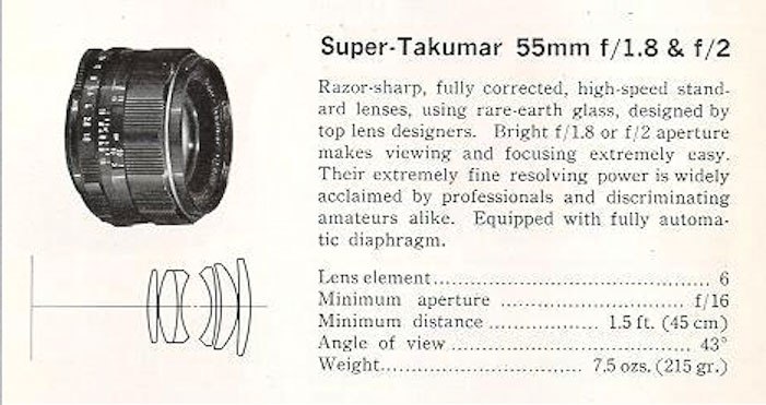 Formule optique Super Takumar 55mm f1.8