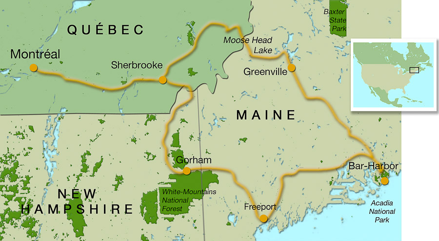 Carte du voyage au Québec, dans le New-Hampshire et dans le Maine, Octobre 2010
