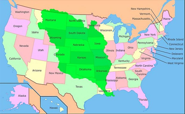 la Louisiane, en vert sur la carte, les territoires cédés lors de sa vente par Napoléon en 1803