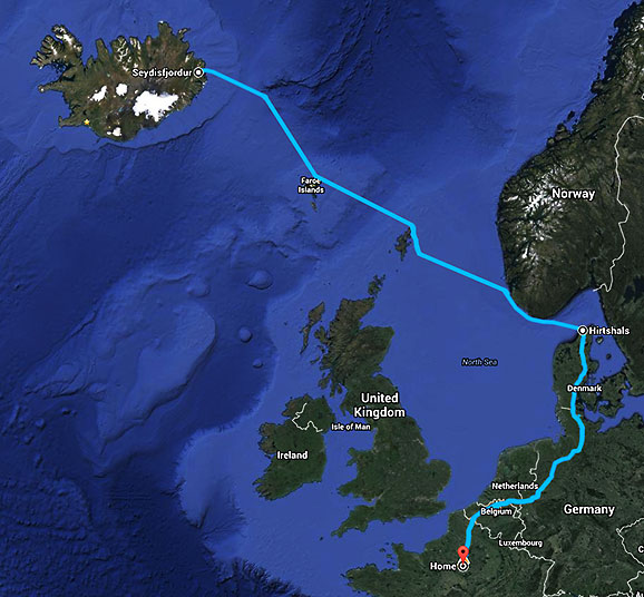 Carte du trajet de retour, voyage Islande été 2011
