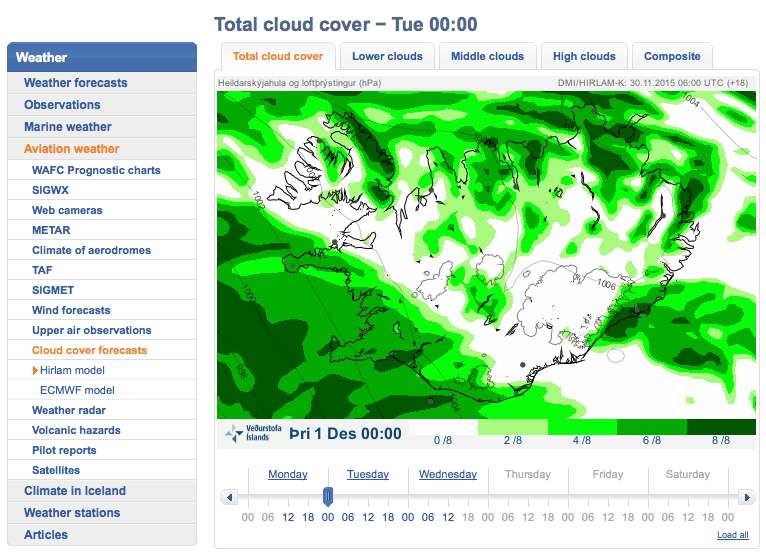 Prévisions de la couverture nuageuse pour l'Islande, selon le modèle météorologique Hirlam. Plus précis que les autres modèles, il ne donnent que des prévisions à court terme, mais tient compte des reliefs.