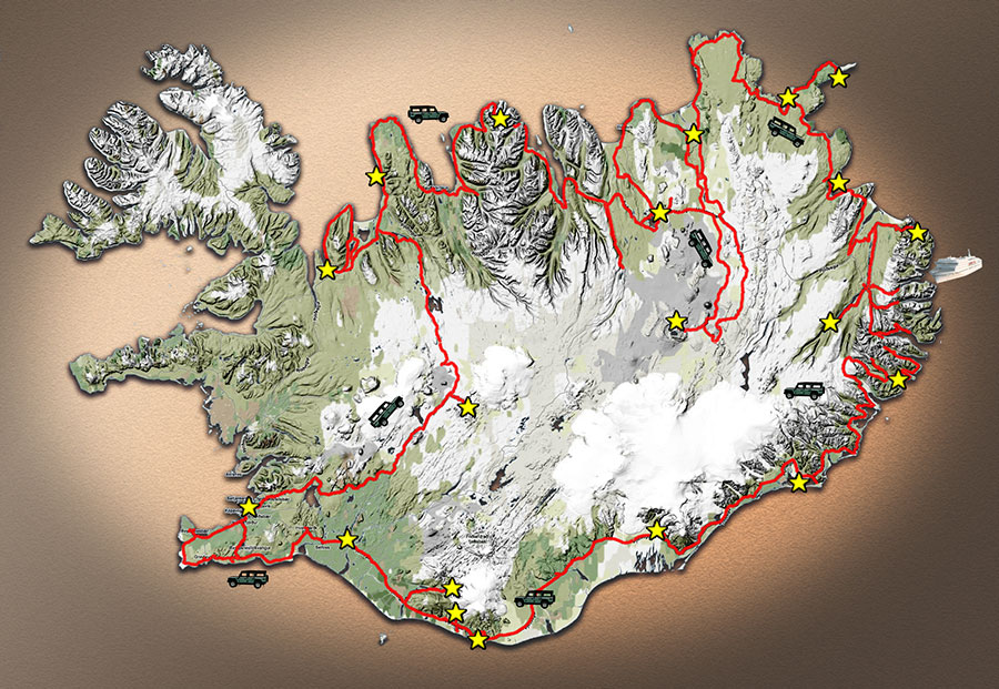 Carte du parcours en Islande, été 2013 | Map of Iceland travel, summer 2013