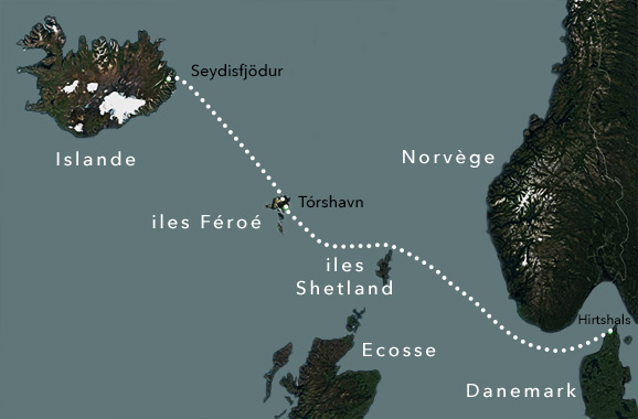 Carte du trajet du Norröna, du Danemark à l'Islande